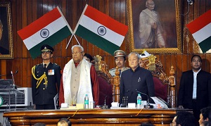 The Governor of Arunachal Pradesh Shri P.B. Acharya addressing the eleventh session of the Sixth Legislative Assembly at Arunachal Pradesh State Legislative Assembly, Naharlagun on 6th March�2017. Also seen: Speaker of State Legislative Assembly, Er. T.N. Thongdok.